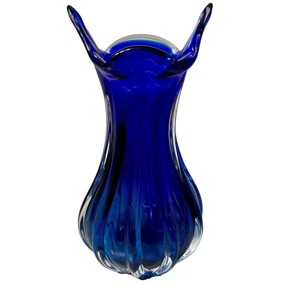 Vintage Bohemian Hand Blown Cobalt Blue Glass Vase. 4lbs 5.1 oz 10.5" Tall.